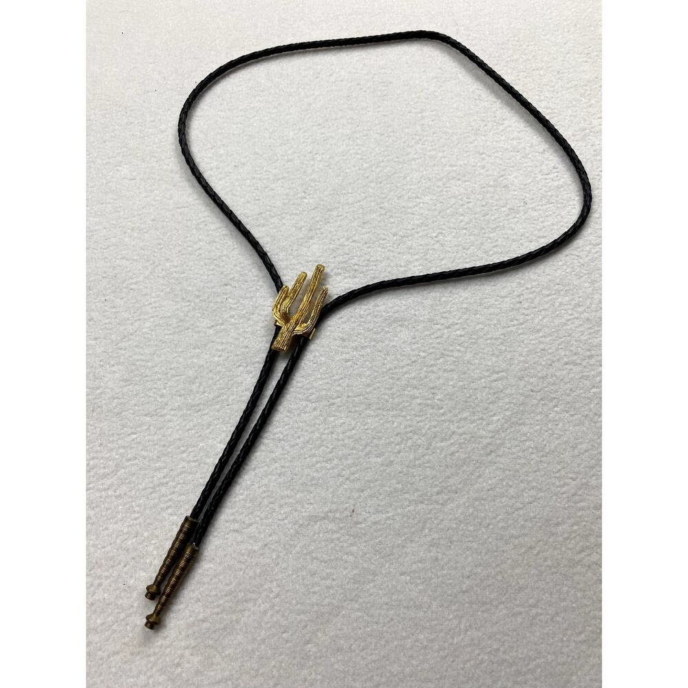 Vintage Cactus Bolo Tie Gold Tone Metal Saguaro Charm Black Cord Western Unisex